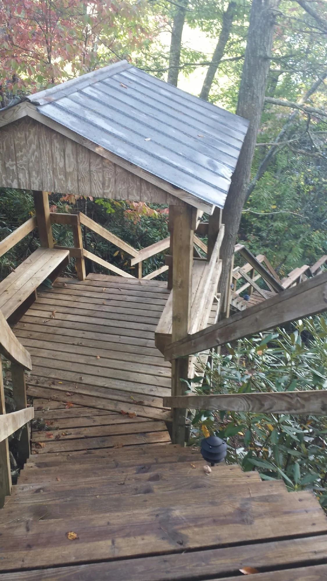 Metal roofed shelter over wooden steps on a wooded walkway — Skylight Repair & Installation work by our crew in Toquerville